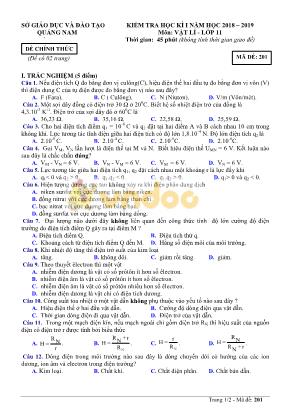 Đề kiểm tra học kỳ I môn Vật lý Lớp 11 - Mã đề 201 - Năm học 2018-2019 - Sở giáo dục và đào tạo Quảng Nam